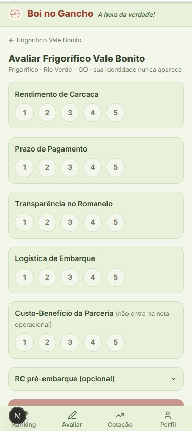 Tela de avaliação anônima por critérios